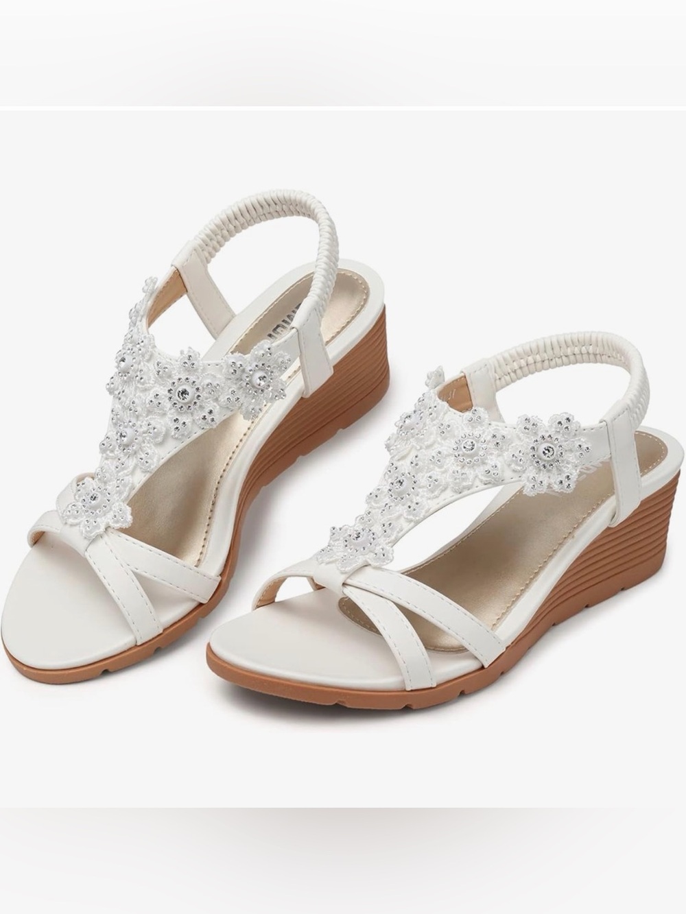 TEMOFON Women's Low Wedge Summer Dressy Sandals Elastic Ankle Strap SZ 8 White